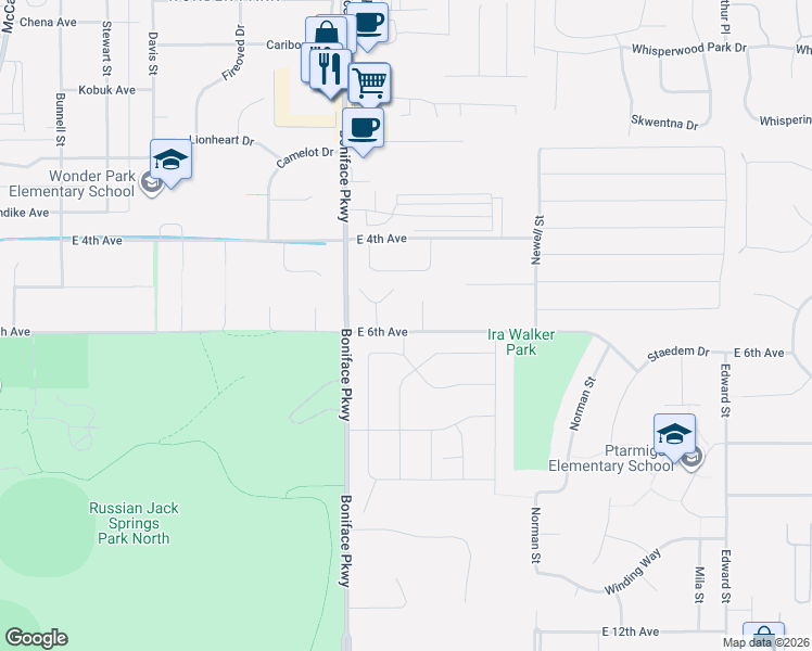 map of restaurants, bars, coffee shops, grocery stores, and more near 1001 Boniface Parkway in Anchorage
