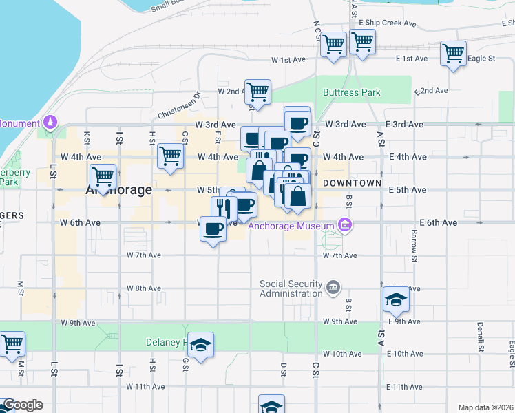 map of restaurants, bars, coffee shops, grocery stores, and more near 537 E Street in Anchorage