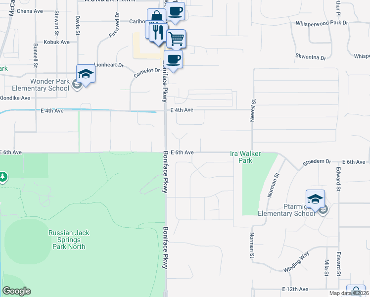 map of restaurants, bars, coffee shops, grocery stores, and more near 541 San Juan Circle in Anchorage