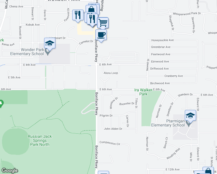 map of restaurants, bars, coffee shops, grocery stores, and more near 541 San Juan Circle in Anchorage