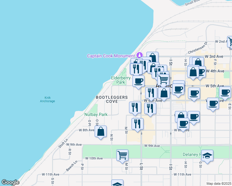 map of restaurants, bars, coffee shops, grocery stores, and more near 605 N Street in Anchorage