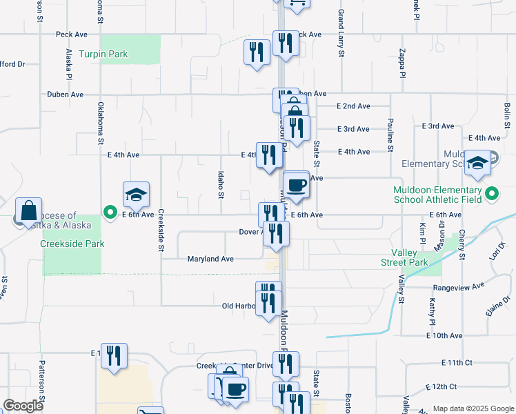 map of restaurants, bars, coffee shops, grocery stores, and more near 7813 Dover Avenue in Anchorage