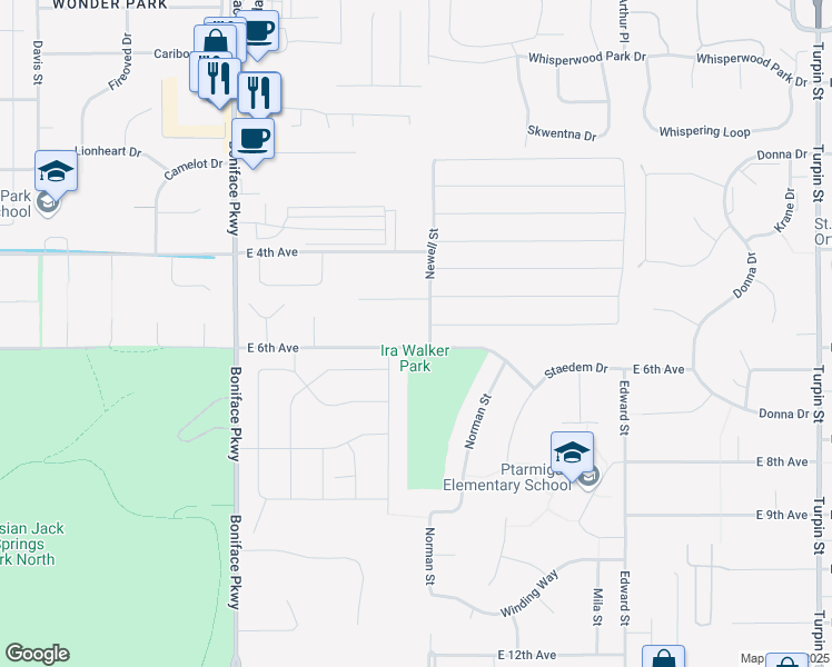map of restaurants, bars, coffee shops, grocery stores, and more near 1001 Boniface Parkway in Anchorage
