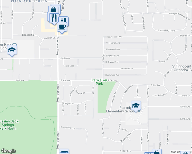 map of restaurants, bars, coffee shops, grocery stores, and more near 1001 Boniface Parkway in Anchorage