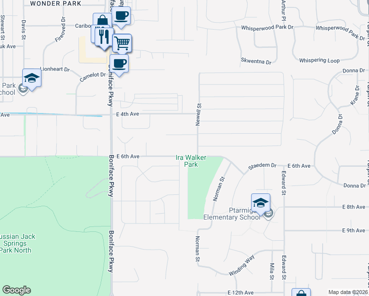 map of restaurants, bars, coffee shops, grocery stores, and more near 5821 East 6th Avenue in Anchorage