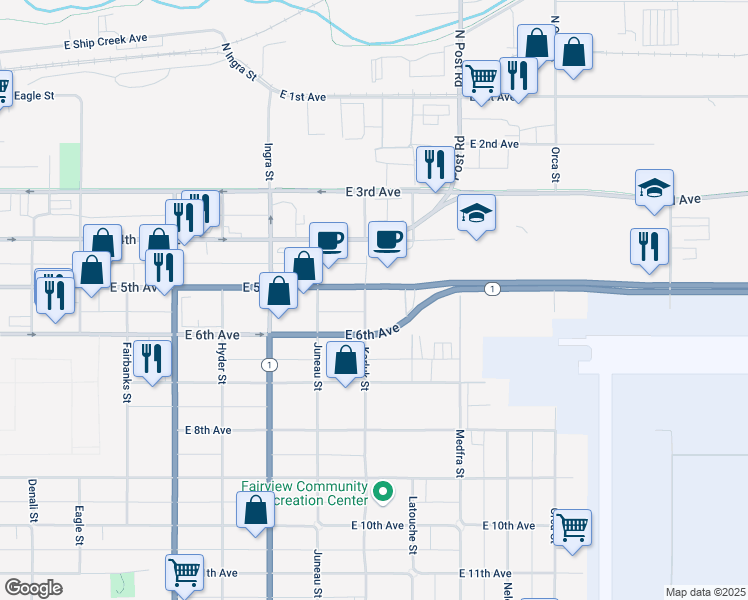 map of restaurants, bars, coffee shops, grocery stores, and more near 1111 East 5th Avenue in Anchorage