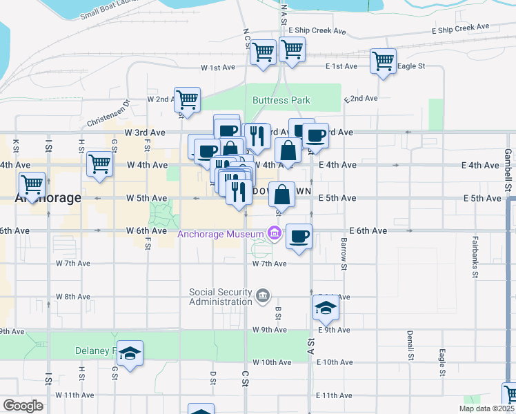 map of restaurants, bars, coffee shops, grocery stores, and more near 245 West 5th Avenue in Anchorage