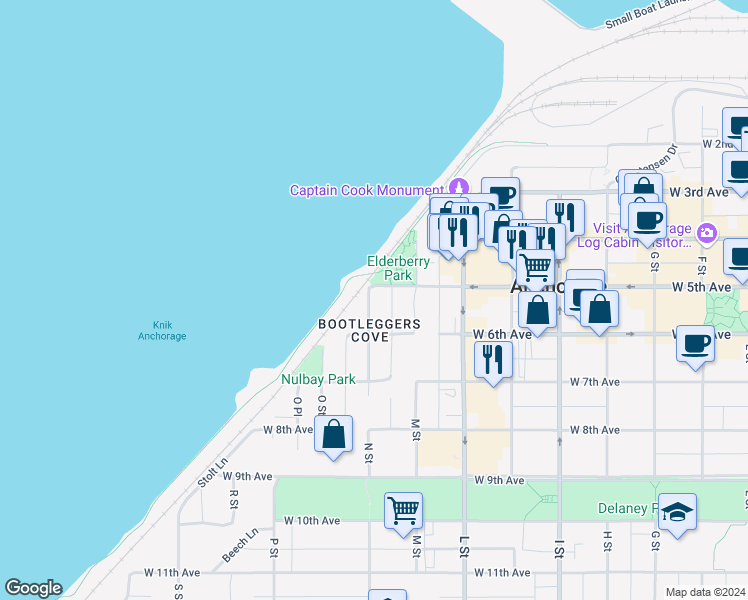 map of restaurants, bars, coffee shops, grocery stores, and more near 1297 West 5th Avenue in Anchorage