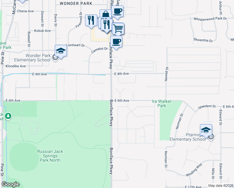 map of restaurants, bars, coffee shops, grocery stores, and more near 500 San Juan Circle in Anchorage
