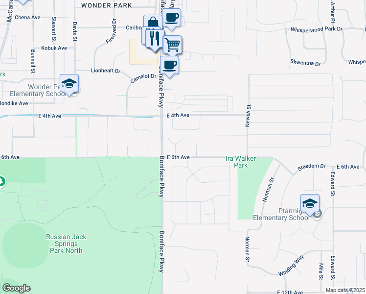 map of restaurants, bars, coffee shops, grocery stores, and more near 521 San Juan Circle in Anchorage