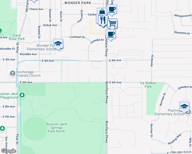 map of restaurants, bars, coffee shops, grocery stores, and more near 520 Misty Fjords Circle in Anchorage