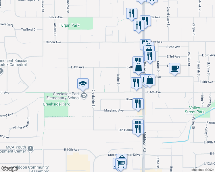 map of restaurants, bars, coffee shops, grocery stores, and more near 7536 East 4th Avenue in Anchorage