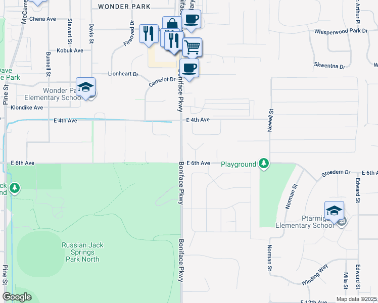 map of restaurants, bars, coffee shops, grocery stores, and more near 500 San Juan Circle in Anchorage