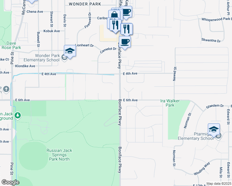 map of restaurants, bars, coffee shops, grocery stores, and more near 5446 New Smyrna Circle in Anchorage