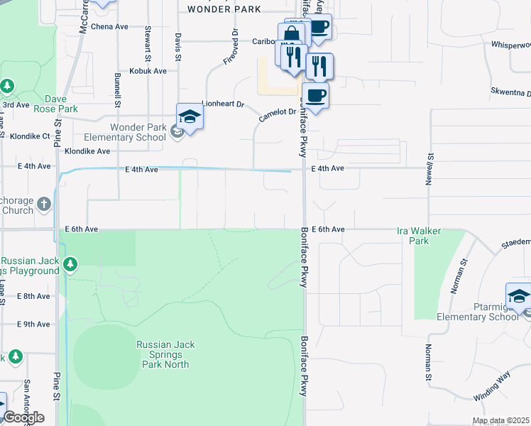 map of restaurants, bars, coffee shops, grocery stores, and more near 5420 New Smyrna Circle in Anchorage