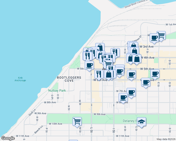 map of restaurants, bars, coffee shops, grocery stores, and more near 410 L Street in Anchorage