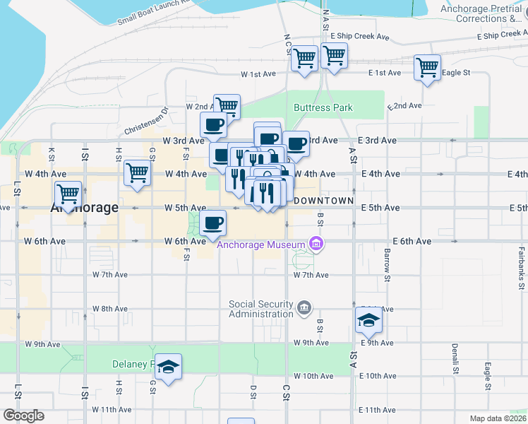 map of restaurants, bars, coffee shops, grocery stores, and more near 320 West 5th Avenue in Anchorage