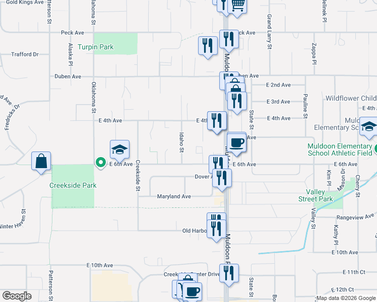 map of restaurants, bars, coffee shops, grocery stores, and more near 424 Kenny Place in Anchorage