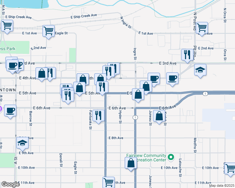 map of restaurants, bars, coffee shops, grocery stores, and more near 731 East 5th Avenue in Anchorage