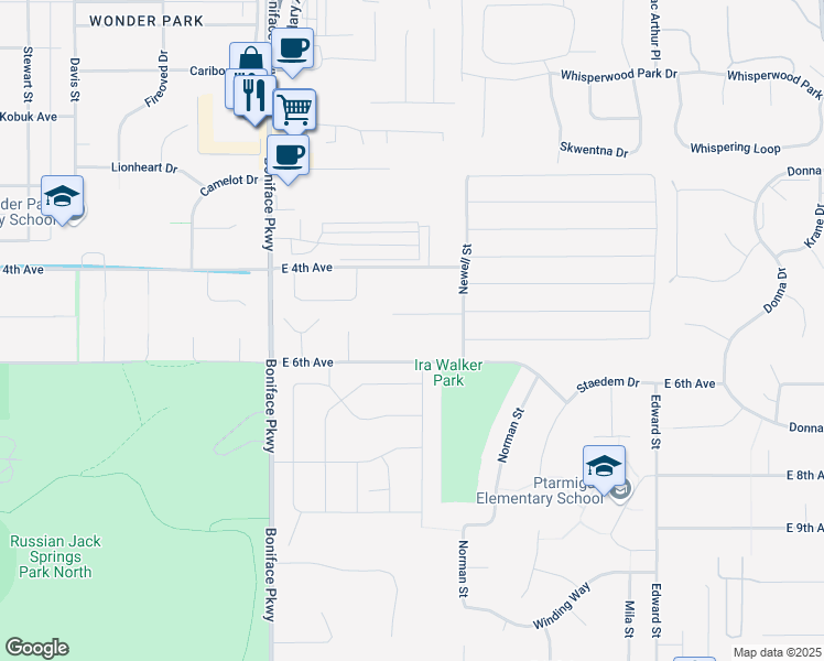 map of restaurants, bars, coffee shops, grocery stores, and more near 5740 Rocky Mountain Court in Anchorage