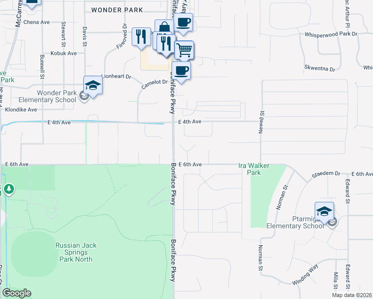 map of restaurants, bars, coffee shops, grocery stores, and more near 500 San Juan Circle in Anchorage