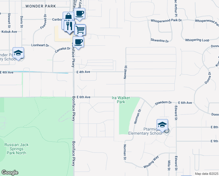 map of restaurants, bars, coffee shops, grocery stores, and more near 5721 Rocky Mountain Court in Anchorage