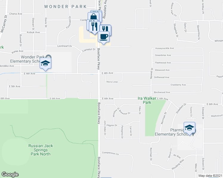 map of restaurants, bars, coffee shops, grocery stores, and more near 511 San Juan Circle in Anchorage
