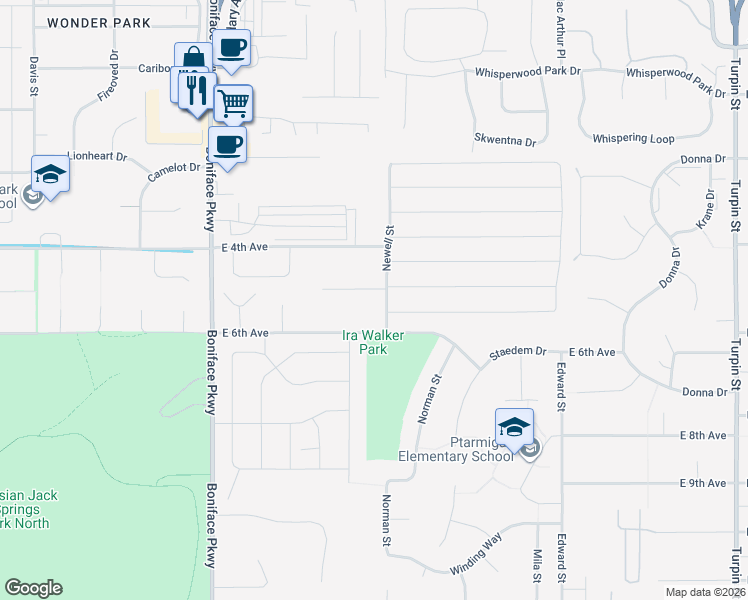 map of restaurants, bars, coffee shops, grocery stores, and more near 5821 Rocky Mountain Court in Anchorage
