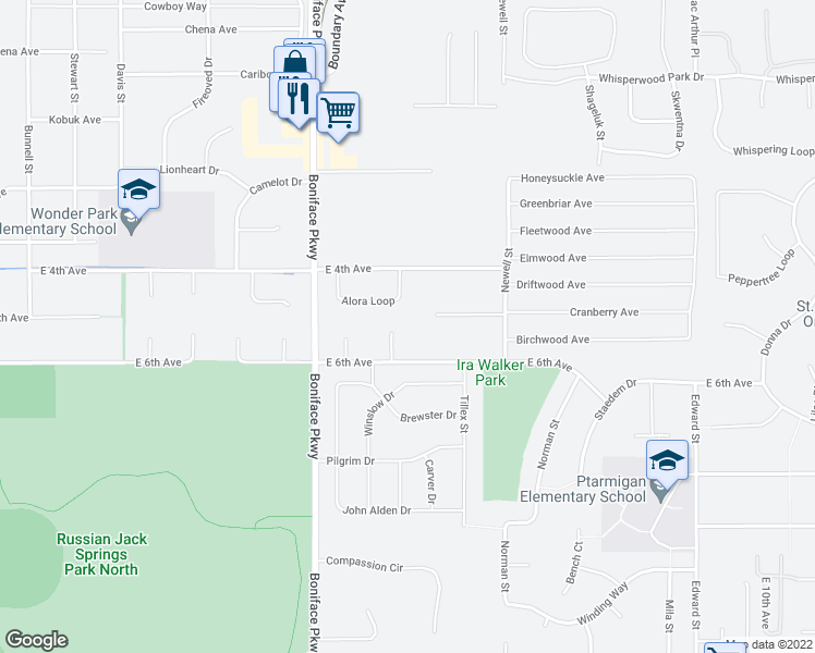 map of restaurants, bars, coffee shops, grocery stores, and more near 5654 Alora Loop in Anchorage