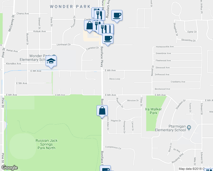 map of restaurants, bars, coffee shops, grocery stores, and more near 500 San Juan Circle in Anchorage