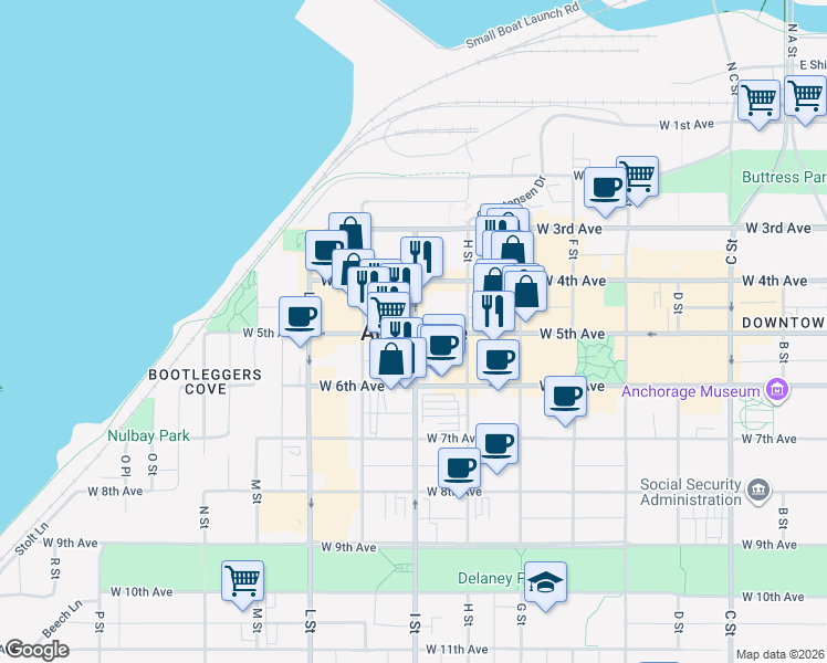 map of restaurants, bars, coffee shops, grocery stores, and more near in Anchorage