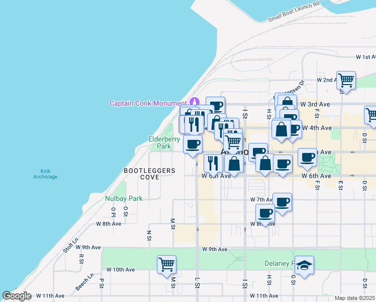 map of restaurants, bars, coffee shops, grocery stores, and more near 410 L Street in Anchorage