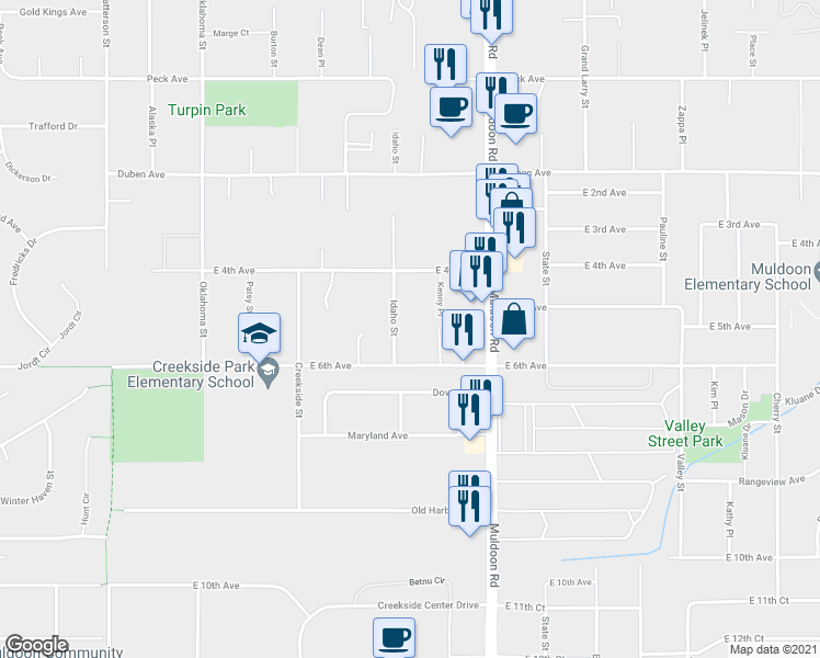 map of restaurants, bars, coffee shops, grocery stores, and more near 511 Idaho Street in Anchorage