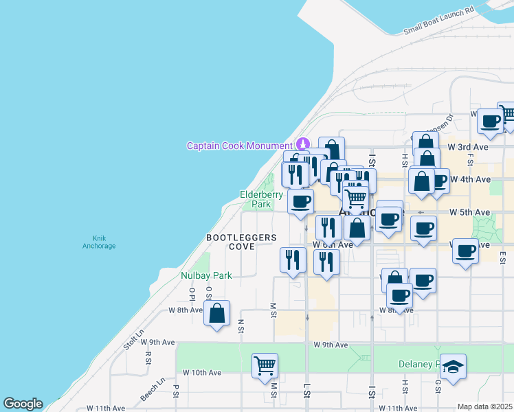 map of restaurants, bars, coffee shops, grocery stores, and more near 1297 West 5th Avenue in Anchorage