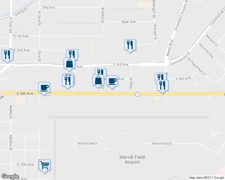 map of restaurants, bars, coffee shops, grocery stores, and more near 1939 E 5th Ave in Anchorage