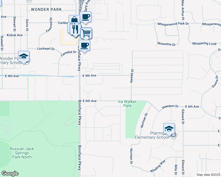 map of restaurants, bars, coffee shops, grocery stores, and more near 5721 Rocky Mountain Court in Anchorage
