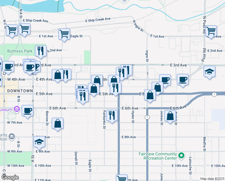 map of restaurants, bars, coffee shops, grocery stores, and more near 611 East 5th Avenue in Anchorage