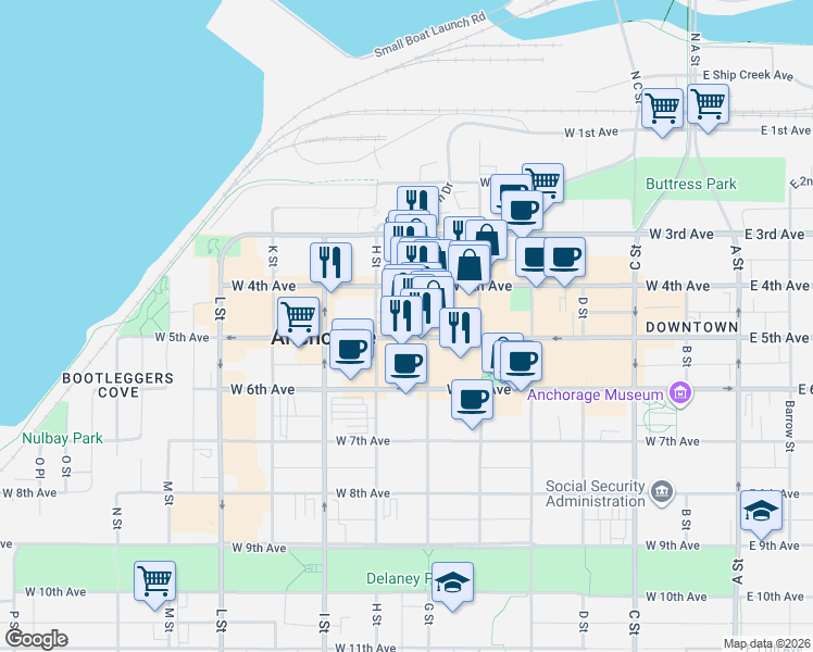 map of restaurants, bars, coffee shops, grocery stores, and more near 737 West 5th Avenue in Anchorage