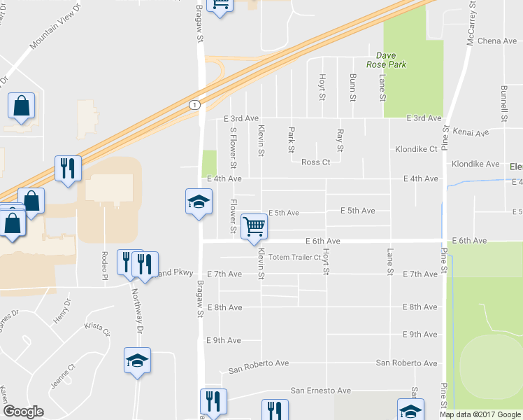 map of restaurants, bars, coffee shops, grocery stores, and more near 4099 East 5th Avenue in Anchorage