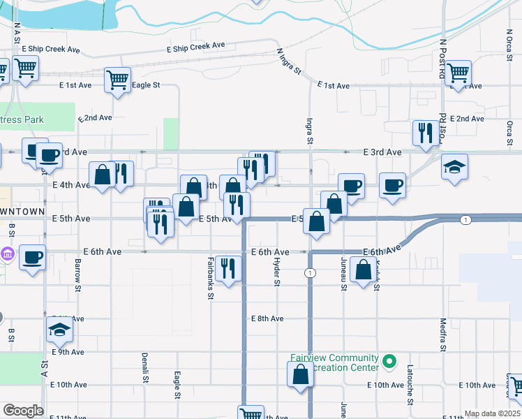 map of restaurants, bars, coffee shops, grocery stores, and more near 731 East 5th Avenue in Anchorage