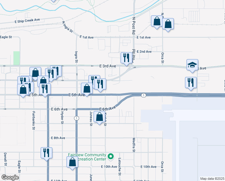 map of restaurants, bars, coffee shops, grocery stores, and more near 1111 East 5th Avenue in Anchorage
