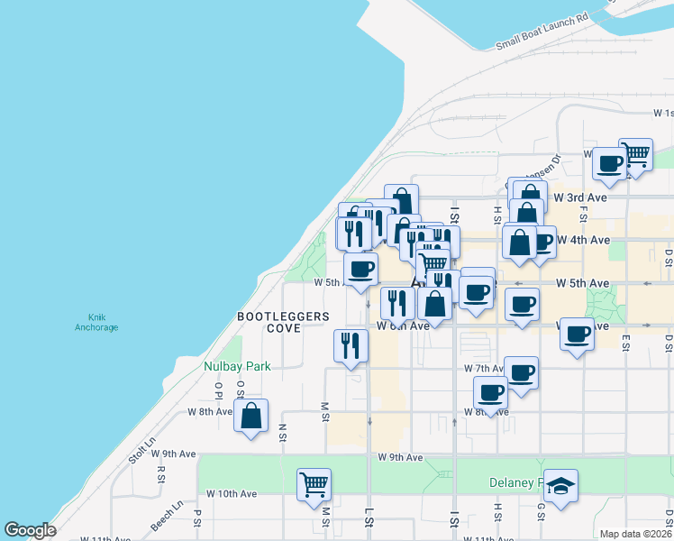 map of restaurants, bars, coffee shops, grocery stores, and more near 433 M Street in Anchorage