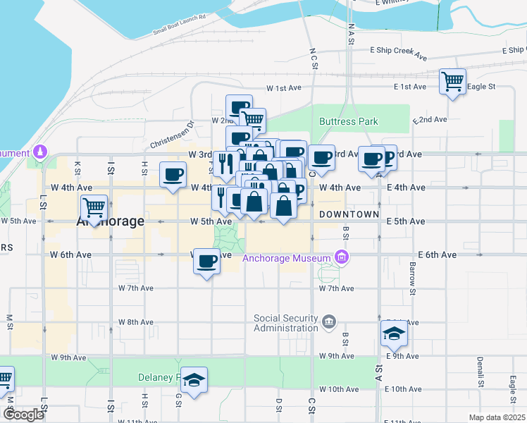 map of restaurants, bars, coffee shops, grocery stores, and more near 423 W 5th Ave in Anchorage