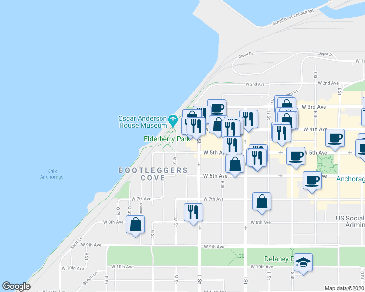 map of restaurants, bars, coffee shops, grocery stores, and more near 433 M St in Anchorage