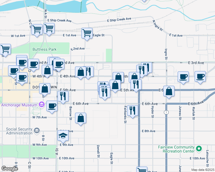 map of restaurants, bars, coffee shops, grocery stores, and more near 435 East 5th Avenue in Anchorage