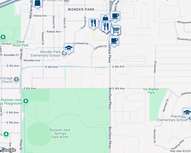 map of restaurants, bars, coffee shops, grocery stores, and more near 5420 New Smyrna Cir in Anchorage