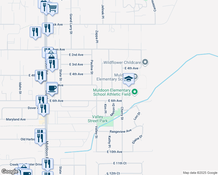 map of restaurants, bars, coffee shops, grocery stores, and more near 434 Eklutna Street in Anchorage