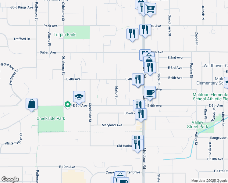 map of restaurants, bars, coffee shops, grocery stores, and more near 446 Idaho Street in Anchorage