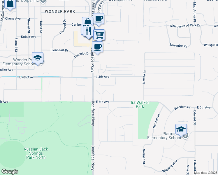 map of restaurants, bars, coffee shops, grocery stores, and more near 5654 Alora Loop in Anchorage