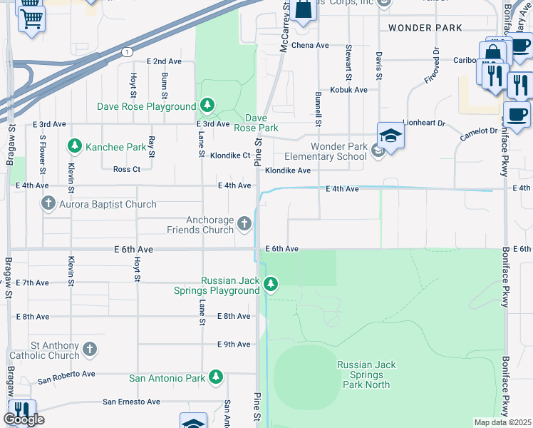 map of restaurants, bars, coffee shops, grocery stores, and more near 501 Pine Street in Anchorage